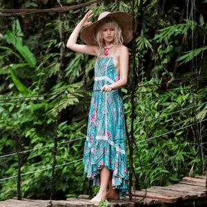 Spell & The Gypsy Babushka Babs Strappy Midi Dress Small Turquoise High Low Blue